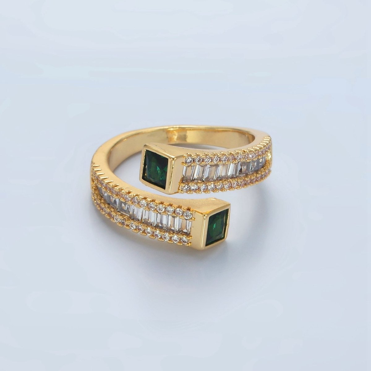 24K God Filled Red or Green CZ Baguette Micro Pave Wrap Ring