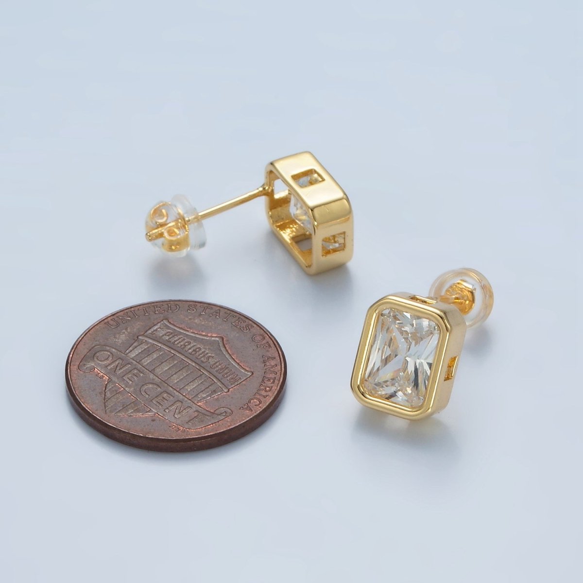 Exquisite 24K Gold Filled 12mm Clear CZ Baguette Bezel Stud Earrings