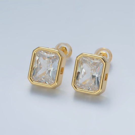 Exquisite 24K Gold Filled 12mm Clear CZ Baguette Bezel Stud Earrings