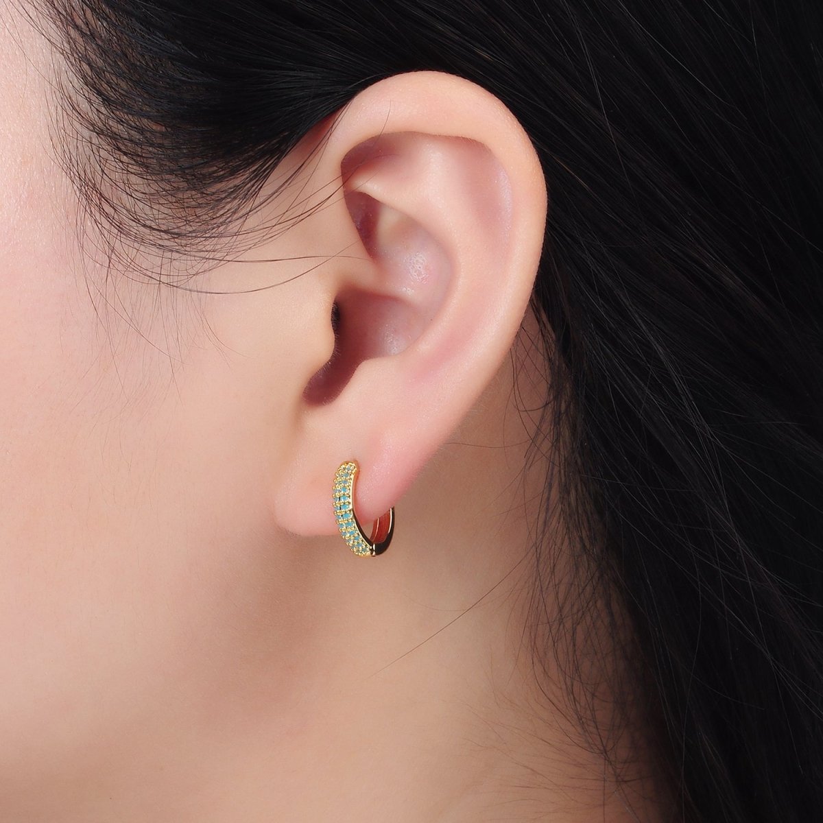 Dainty 24K Gold Filled 13mm Turquoise Micro Pave Cartilage Huggie Earrings