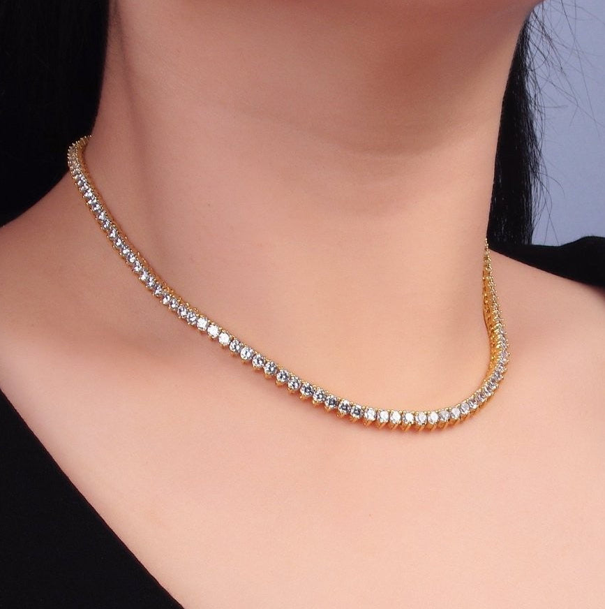 Stunning 24K Gold Filled 4.2mm Clear CZ Three-Prong Tennis 16 Inch Necklace