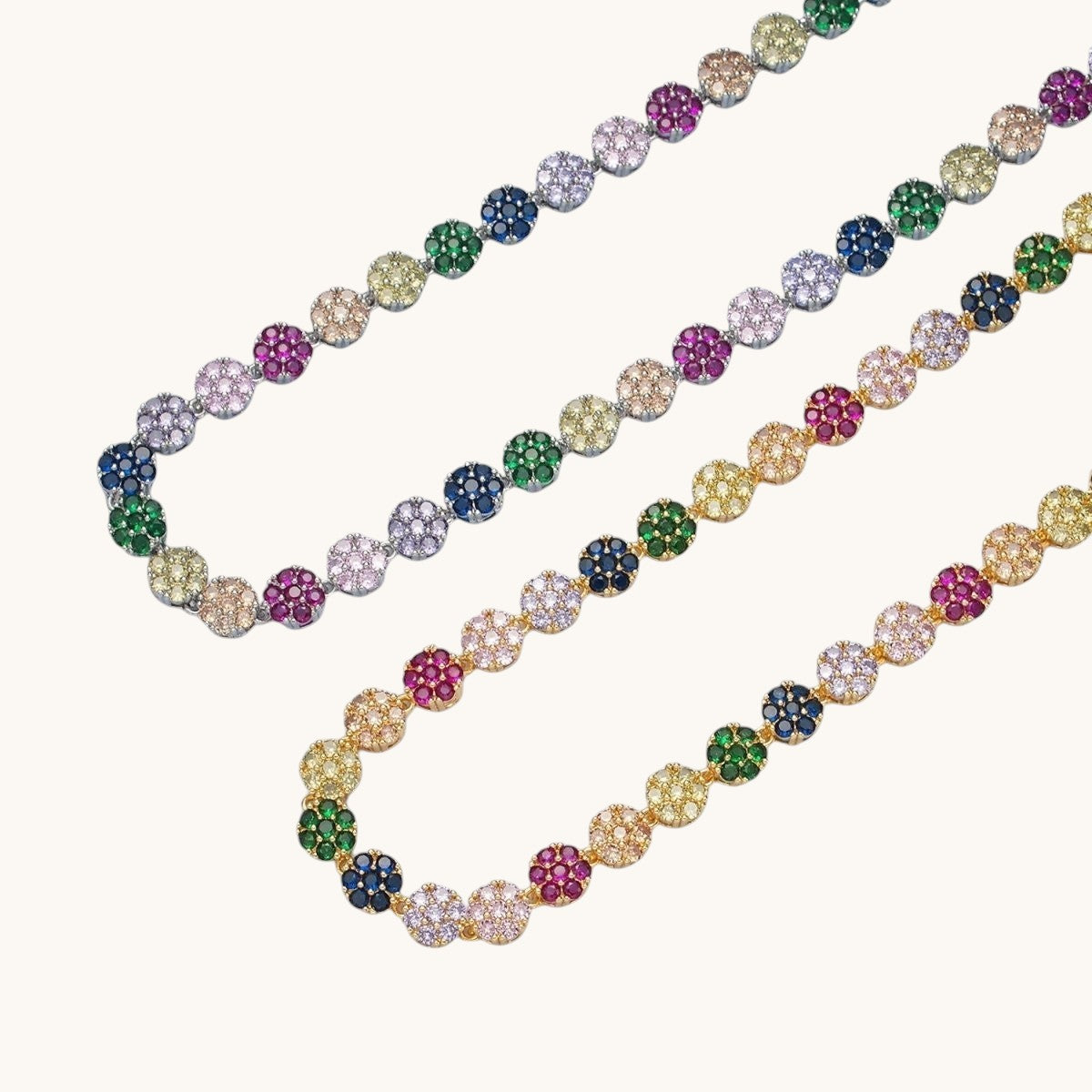 24K Gold Filled 7.8mm Multicolor CZ Flower 15.5 Inch Choker Necklace in Gold & Silver