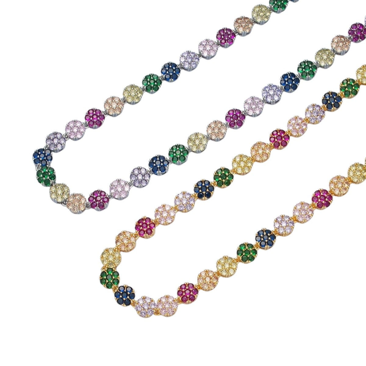 24K Gold Filled 7.8mm Multicolor CZ Flower 15.5 Inch Choker Necklace in Gold & Silver