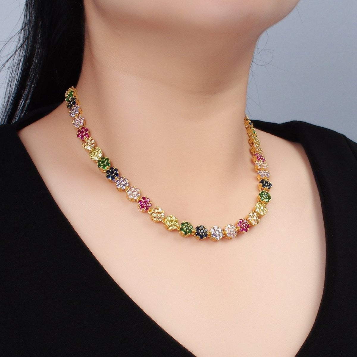 24K Gold Filled 7.8mm Multicolor CZ Flower 15.5 Inch Choker Necklace in Gold & Silver
