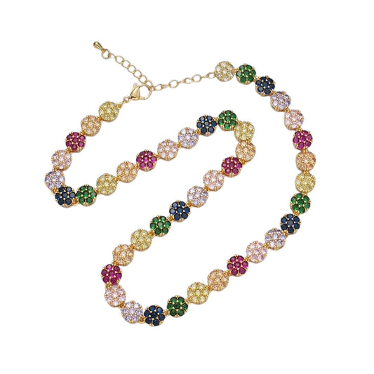 24K Gold Filled 7.8mm Multicolor CZ Flower 15.5 Inch Choker Necklace in Gold & Silver