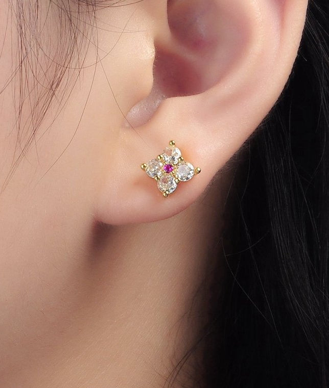 Everyday Simple 24K Gold-Filled 8mm Fuchsia Clear CZ Flower Petal Stud Earrings