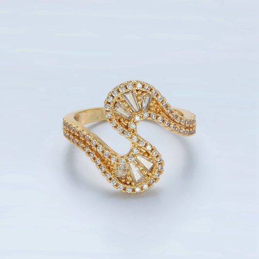 Trendy 24k Gold Filled Baguette CZ Micro Pave Curved Wavy Ring