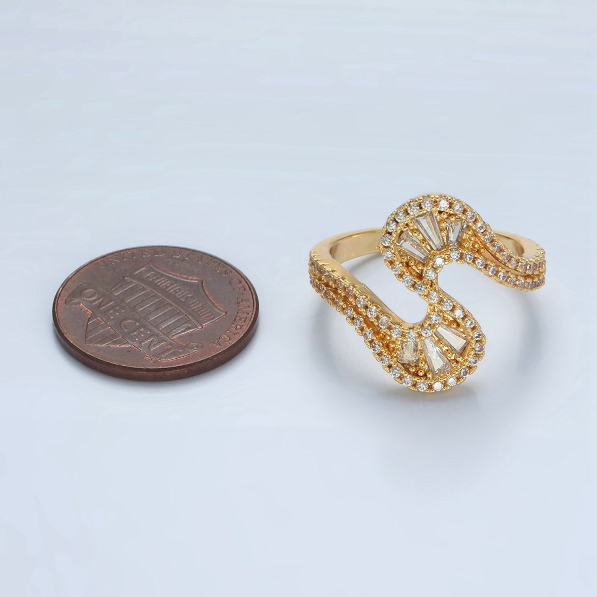 Trendy 24k Gold Filled Baguette CZ Micro Pave Curved Wavy Ring