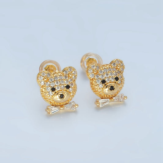 24K Gold Filled Teddy Bear Micro Paved CZ Baguette Tie Bow Stud Earrings