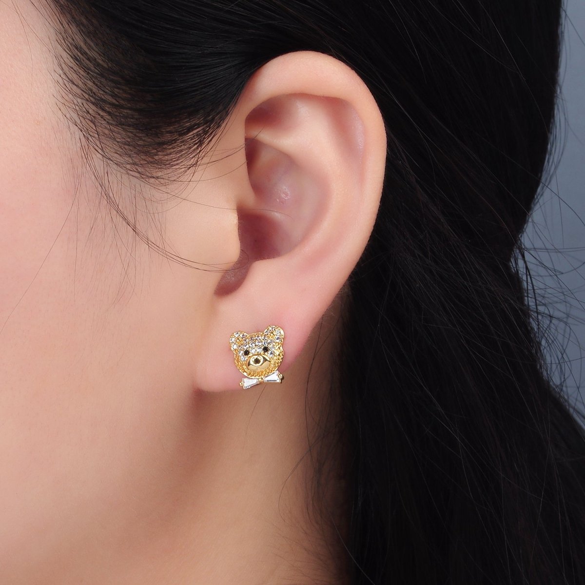 24K Gold Filled Teddy Bear Micro Paved CZ Baguette Tie Bow Stud Earrings