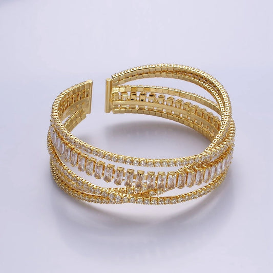 24K Gold Filled Baguette CZ Tennis Chain Multiple Band Cuff Bangle Bracelet