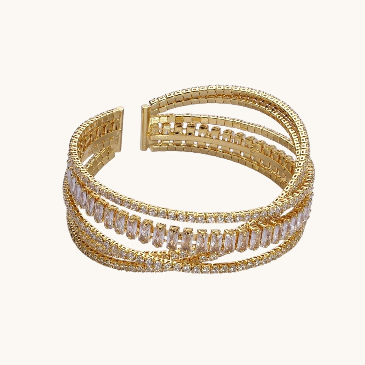 24K Gold Filled Baguette CZ Tennis Chain Multiple Band Cuff Bangle Bracelet