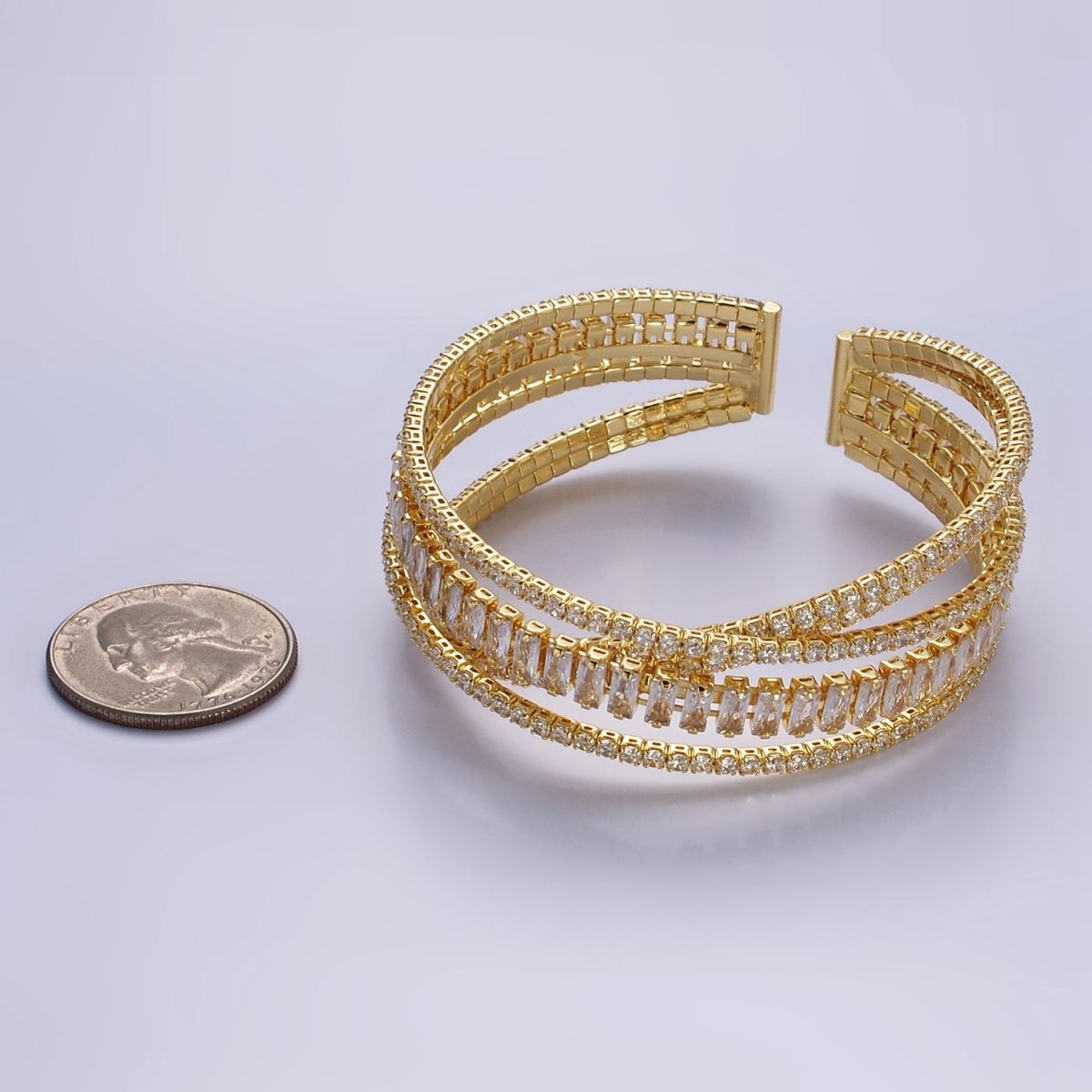 24K Gold Filled Baguette CZ Tennis Chain Multiple Band Cuff Bangle Bracelet