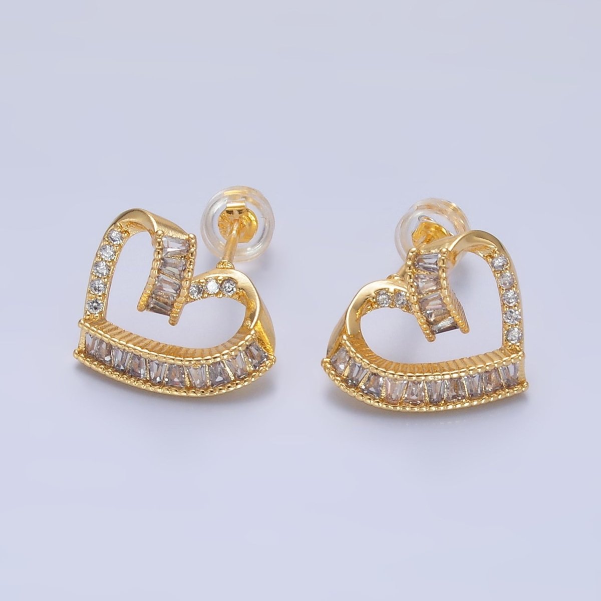 24K Gold Filled Baguette Micro Paved CZ Heart Stud Earrings