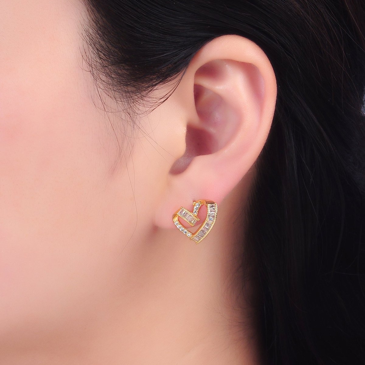 24K Gold Filled Baguette Micro Paved CZ Heart Stud Earrings