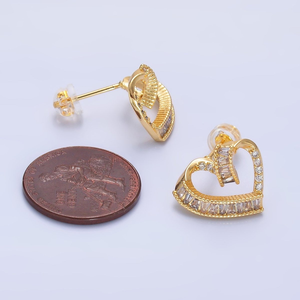 24K Gold Filled Baguette Micro Paved CZ Heart Stud Earrings