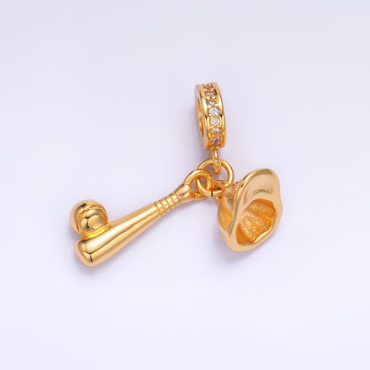 24K Gold-Filled Baseball Bat Cap Micro Paved CZ Rondelle Drop Pendant