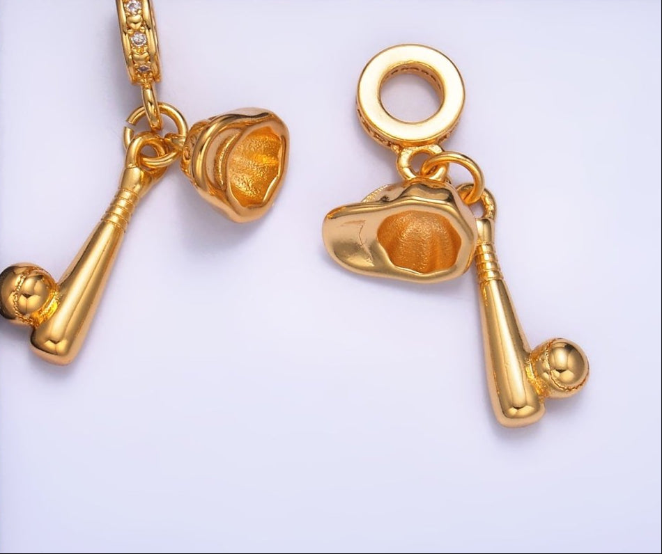 24K Gold-Filled Baseball Bat Cap Micro Paved CZ Rondelle Drop Pendant