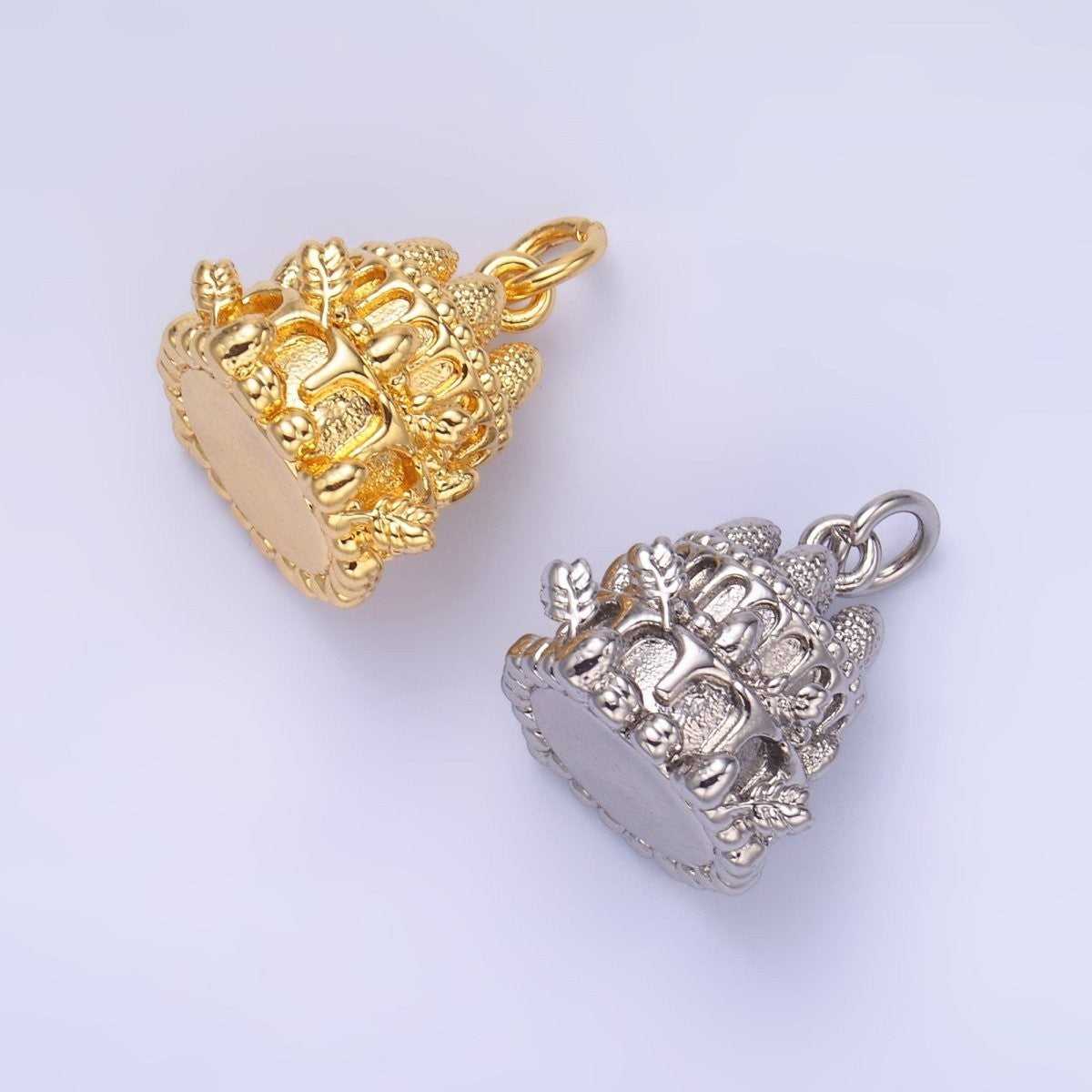 24K Gold Filled 14mm x 15mm Birthday Cake Multidimensional 3D Charm in Gold or Silver
