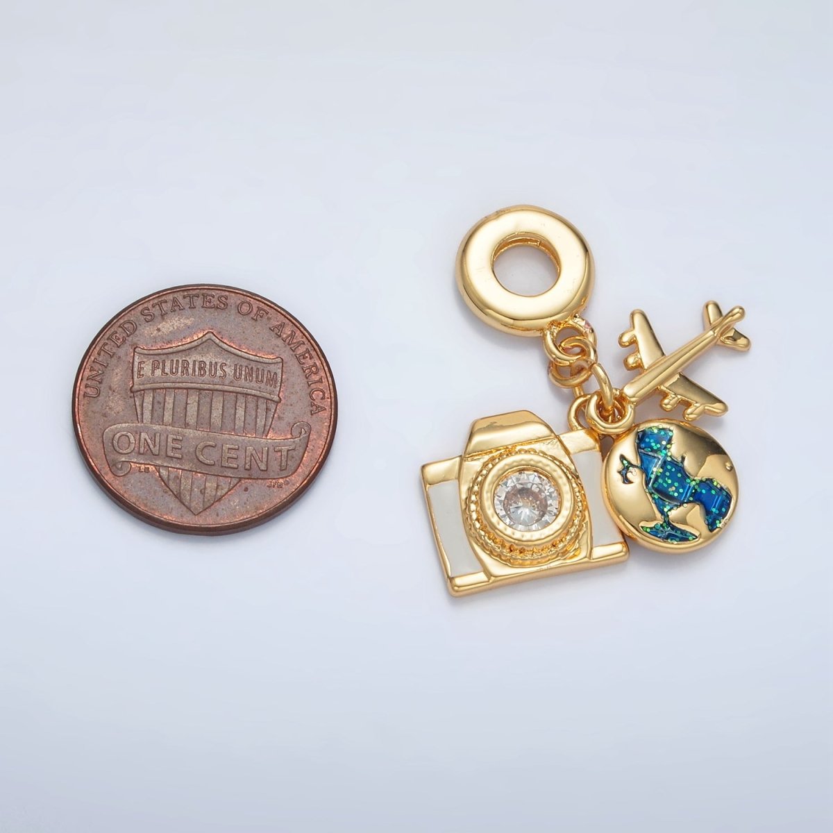 24K Gold Filled Camera Globe Airplane Rondelle Bail Triple Travel Drop Slide-On Pendant