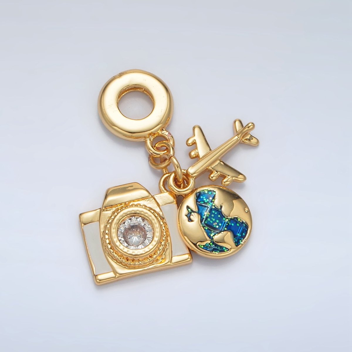 24K Gold Filled Camera Globe Airplane Rondelle Bail Triple Travel Drop Slide-On Pendant