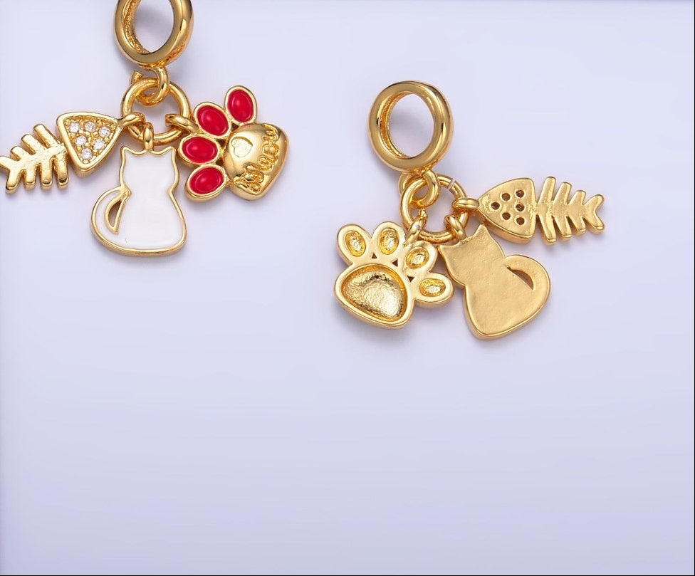 24K Gold-Filled 11.6mm Cat Pawprint Fish Bone Rondelle Drop Pendant
