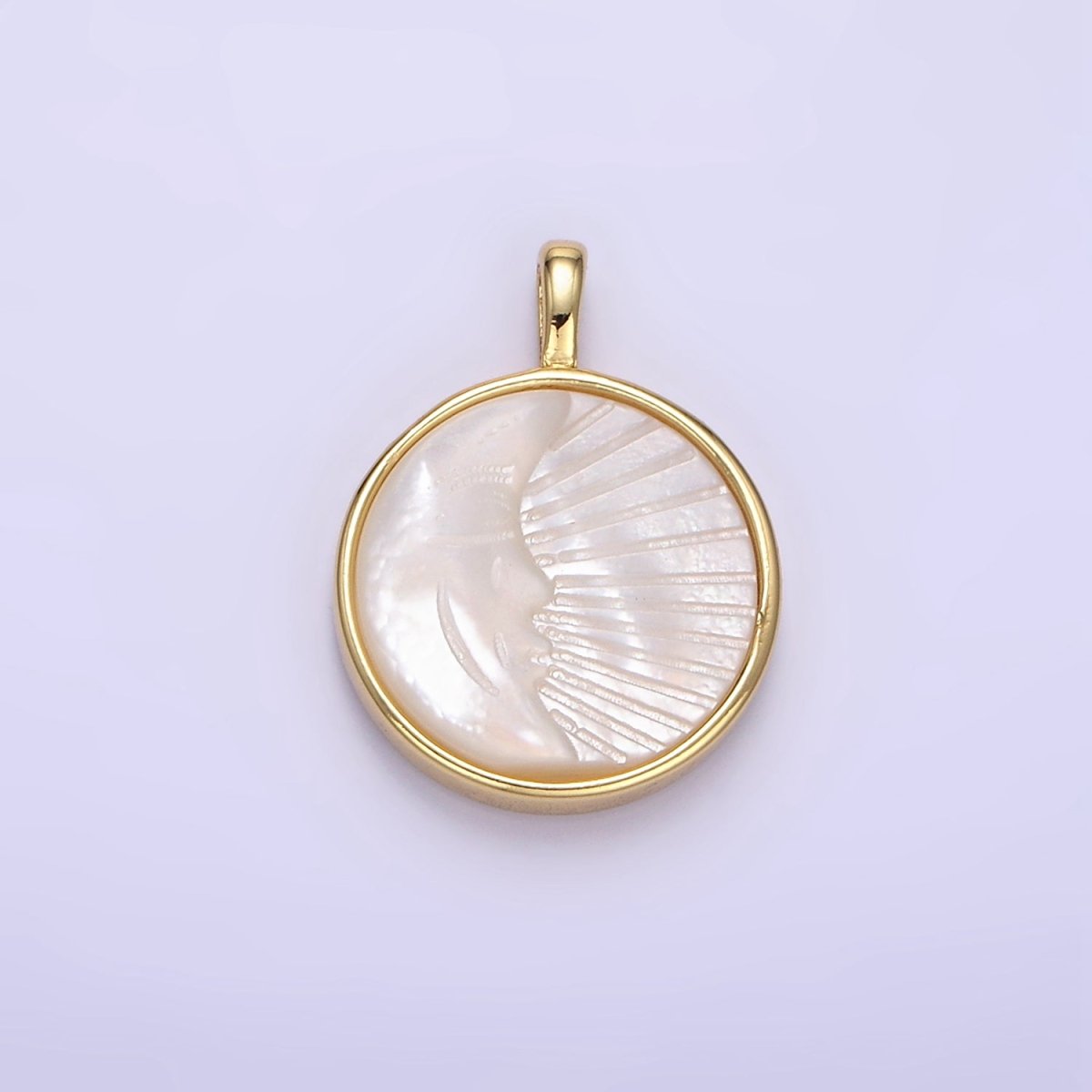24K Gold Filled 22mm Celestial Moon Face Ray Shell Pearl Bezel Round Pendant