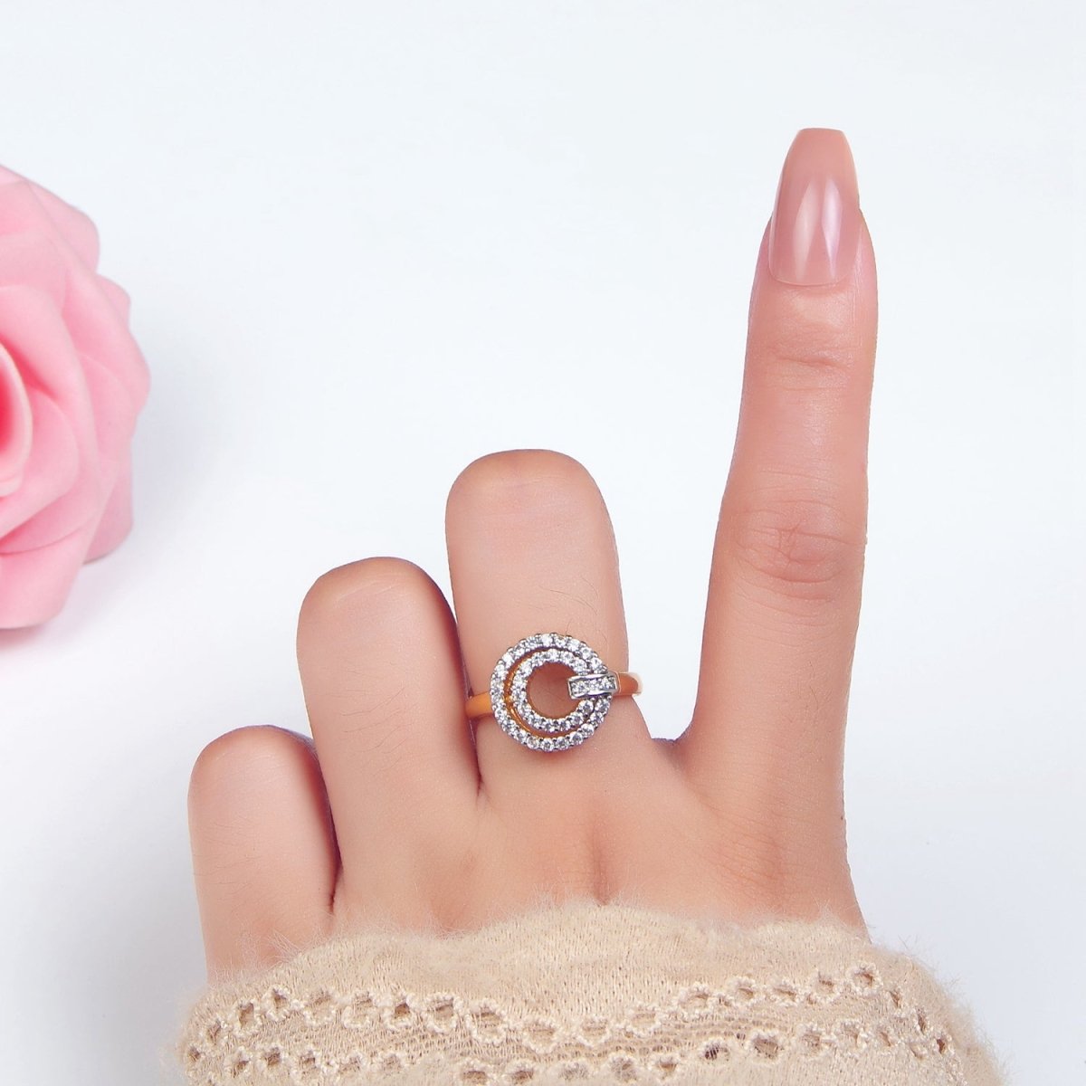 Beautiful 24K Gold-Filled Circular Buckle Open Band Mixed Metal Stackable Ring
