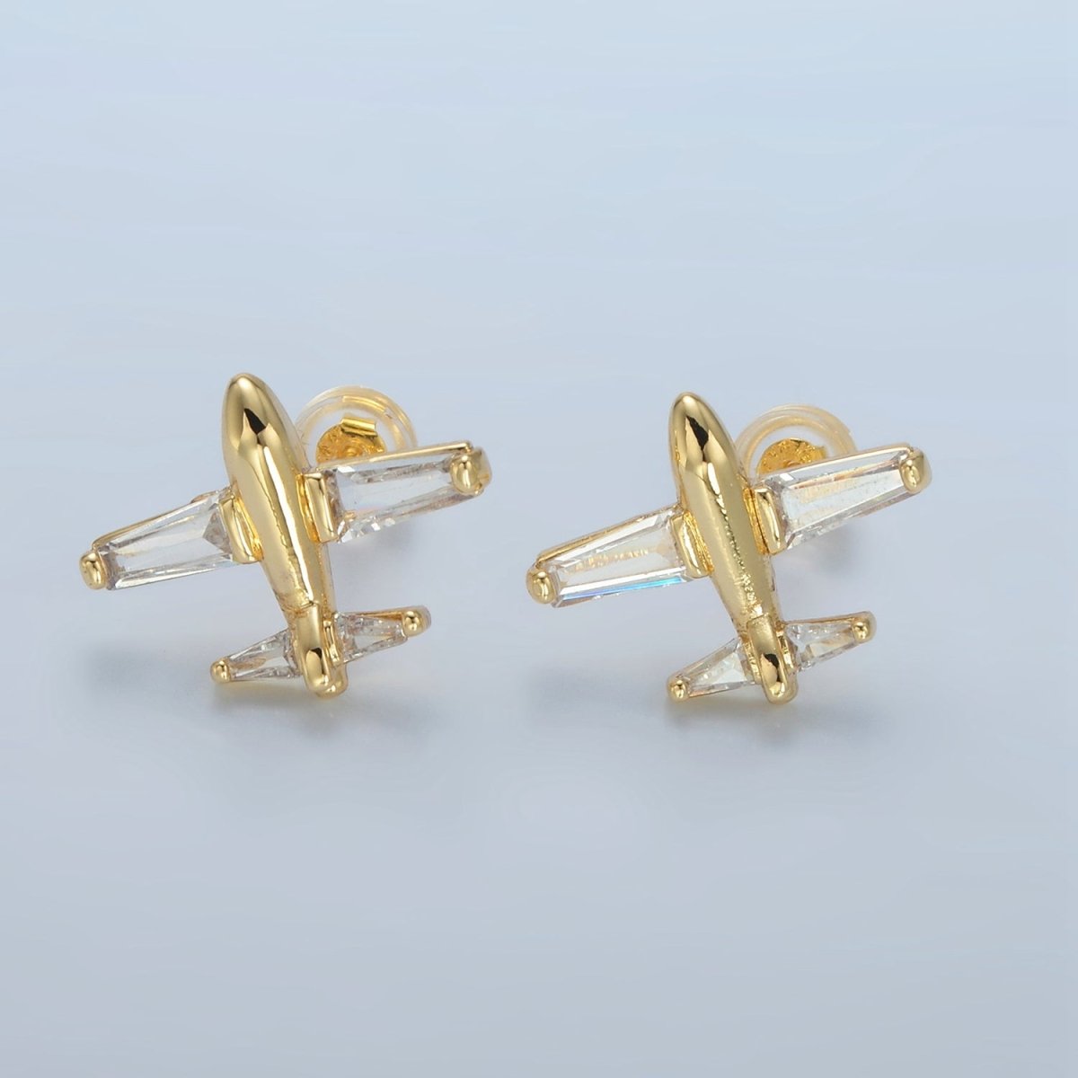 Sweet 24K Gold Filled Baguette CZ Airplane Travel Stud Earrings