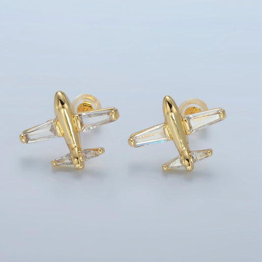 Sweet 24K Gold Filled Baguette CZ Airplane Travel Stud Earrings