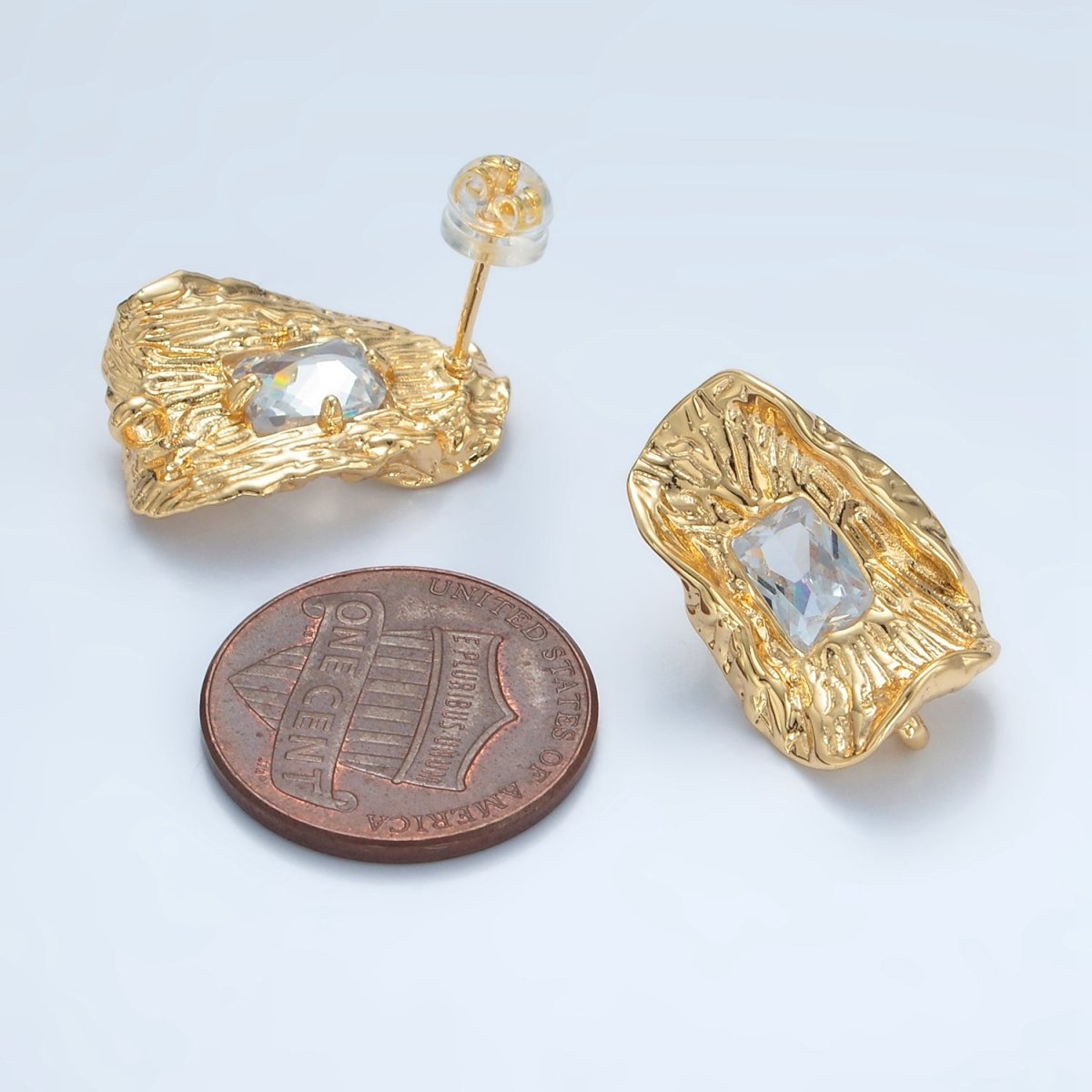 Unique 24K Gold Filled Clear Baguette CZ Hammered Foil Leaf Stud Earrings