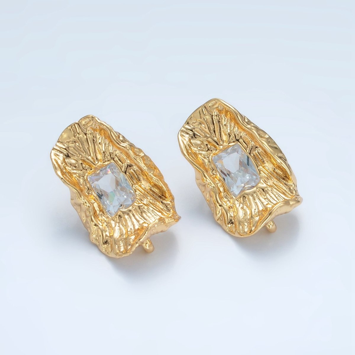 Unique 24K Gold Filled Clear Baguette CZ Hammered Foil Leaf Stud Earrings