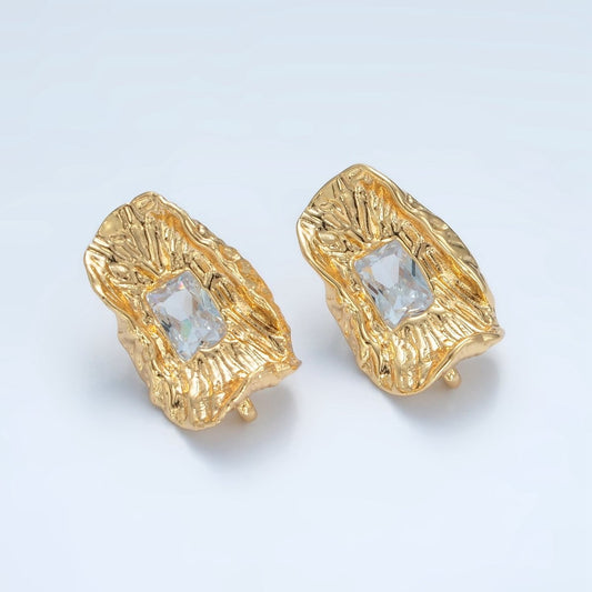 Unique 24K Gold Filled Clear Baguette CZ Hammered Foil Leaf Stud Earrings