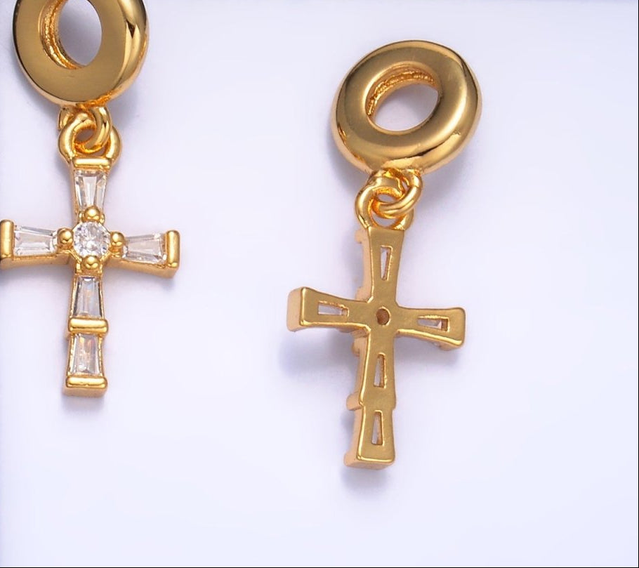 24K Gold Filled Clear CZ Baguette Religious Cross Rondelle Drop Pendant