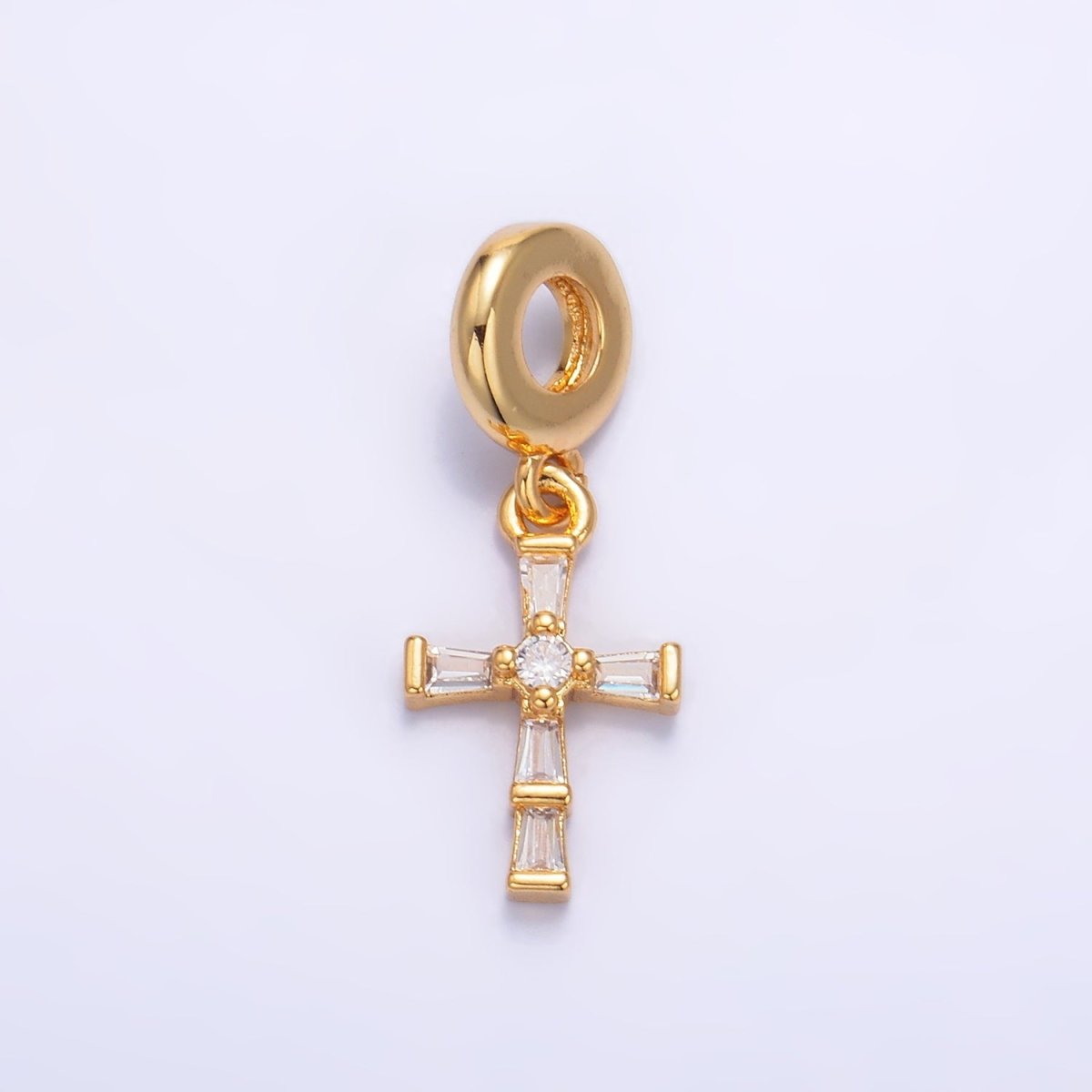 24K Gold Filled Clear CZ Baguette Religious Cross Rondelle Drop Pendant
