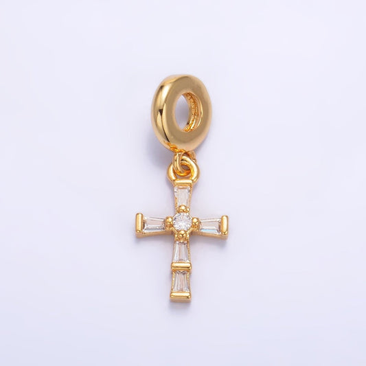 24K Gold Filled Clear CZ Baguette Religious Cross Rondelle Drop Pendant