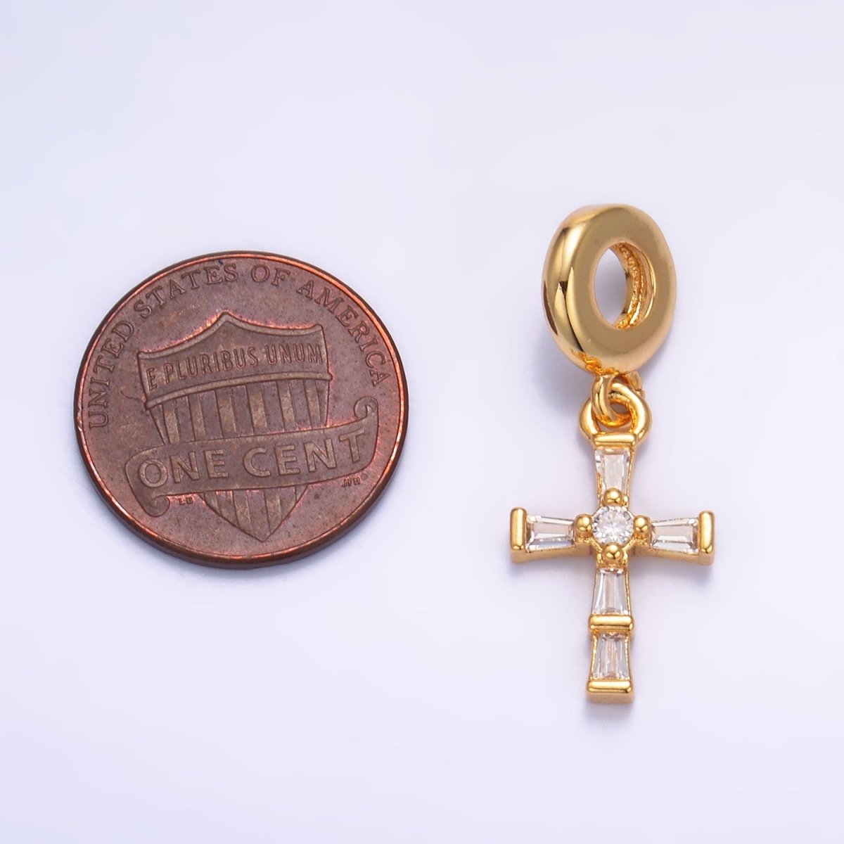 24K Gold Filled Clear CZ Baguette Religious Cross Rondelle Drop Pendant