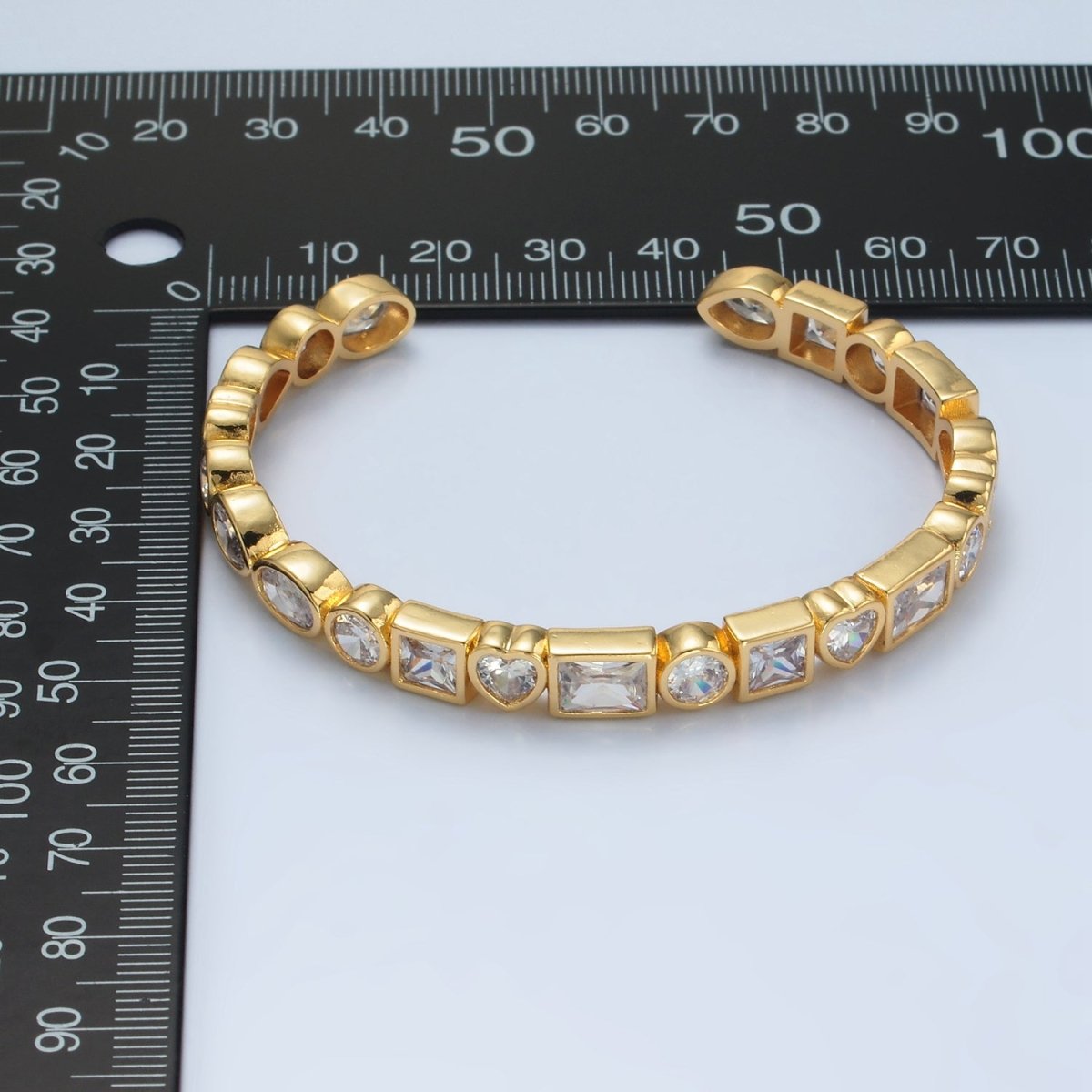 24K Gold Filled Clear CZ Baguette Round Oval Lined Bangle Cuff Bracelet