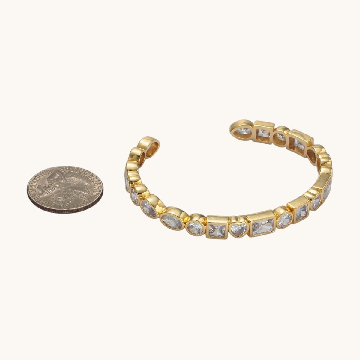 24K Gold Filled Clear CZ Baguette Round Oval Lined Bangle Cuff Bracelet
