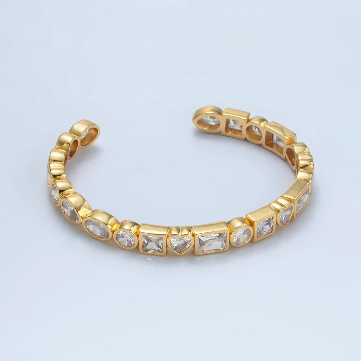 24K Gold Filled Clear CZ Baguette Round Oval Lined Bangle Cuff Bracelet