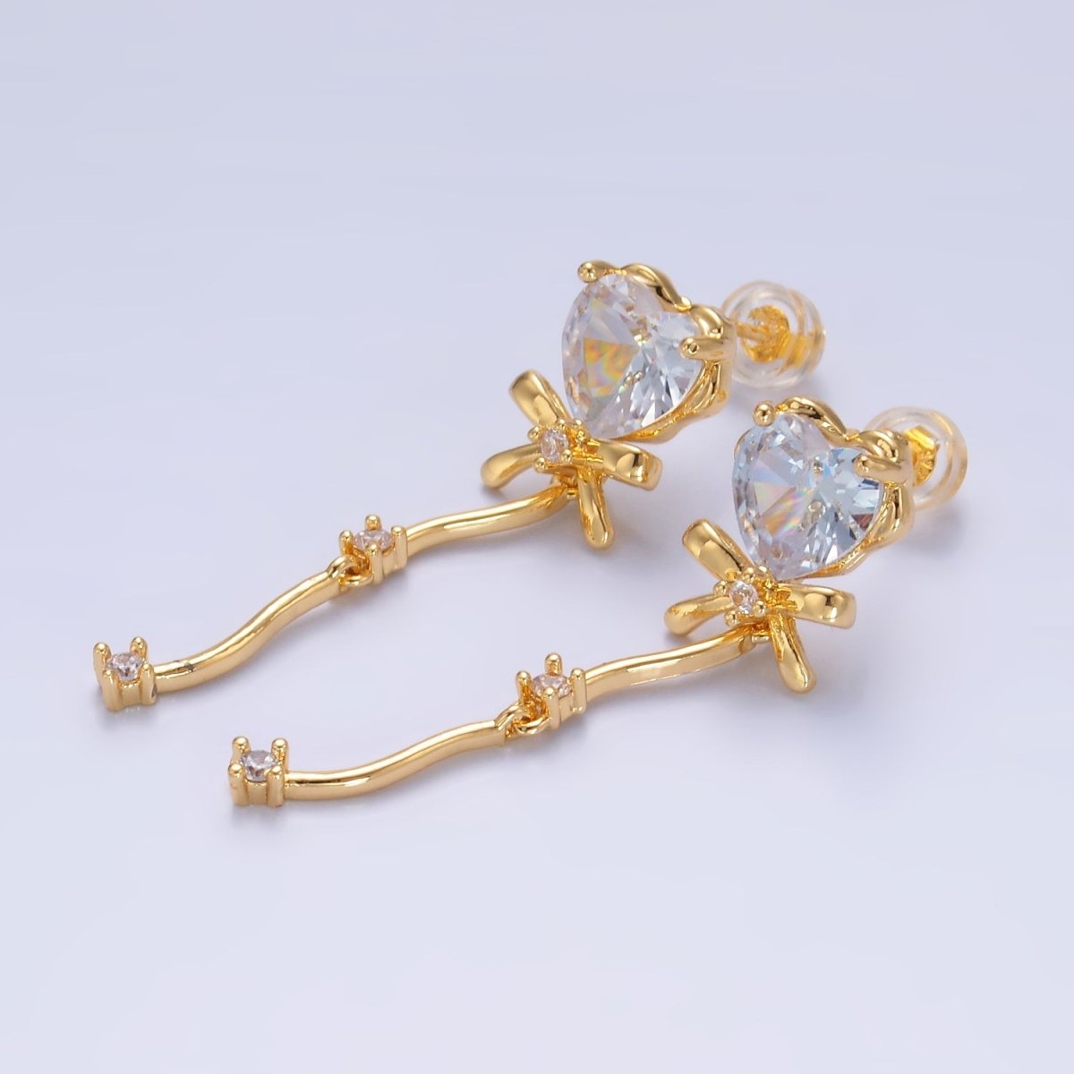 Gorgeous Gold-Filled Clear CZ Heart Ribbon Bow Drop Earrings
