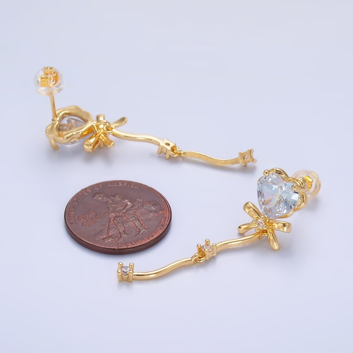 Gorgeous Gold-Filled Clear CZ Heart Ribbon Bow Drop Earrings