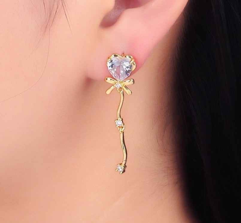Gorgeous Gold-Filled Clear CZ Heart Ribbon Bow Drop Earrings