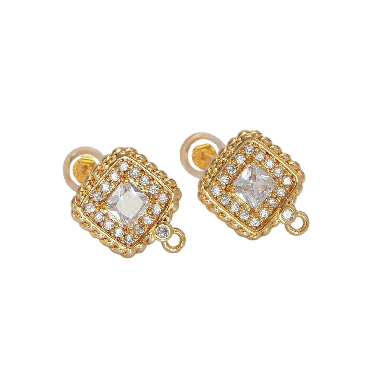 24K Gold Filled 14mm Clear CZ Micro Pave Square Braided Bezel Open Loop Drop Stud Findings