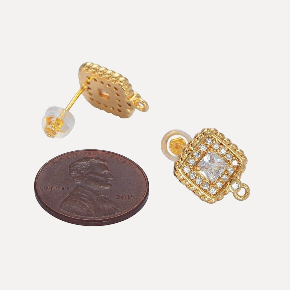 24K Gold Filled 14mm Clear CZ Micro Pave Square Braided Bezel Open Loop Drop Stud Findings