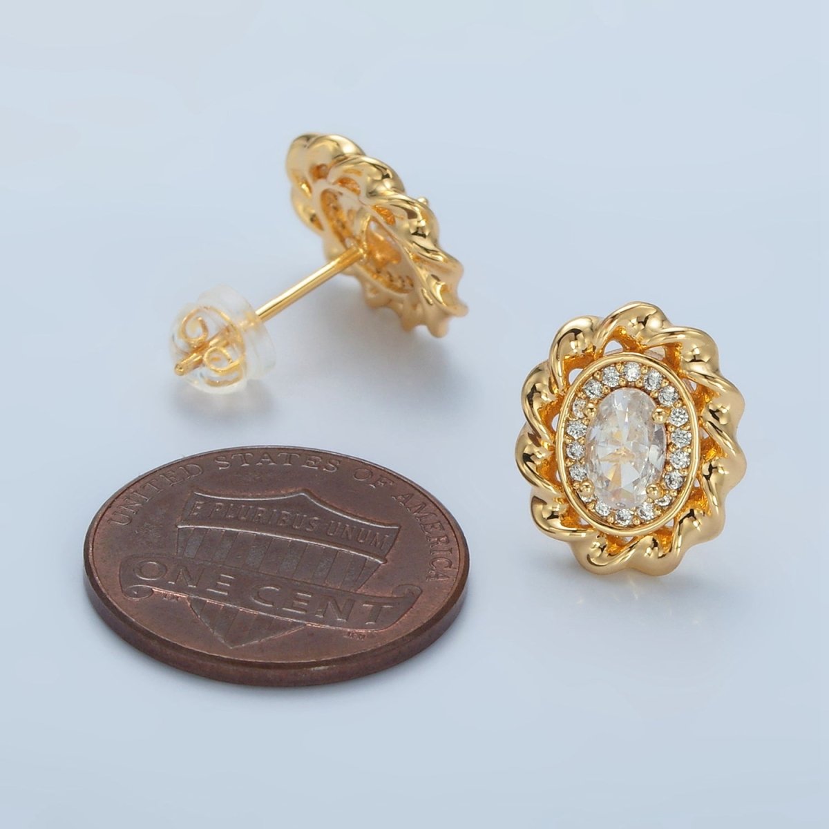 Beautiful 24K Gold Filled Clear CZ Micro Paved Oval Twisted Bezel Stud Earrings