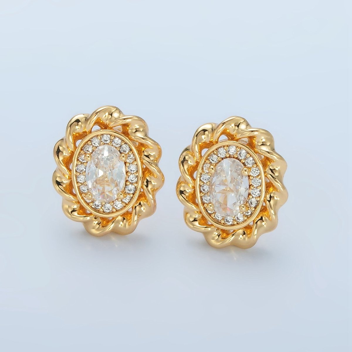 Beautiful 24K Gold Filled Clear CZ Micro Paved Oval Twisted Bezel Stud Earrings