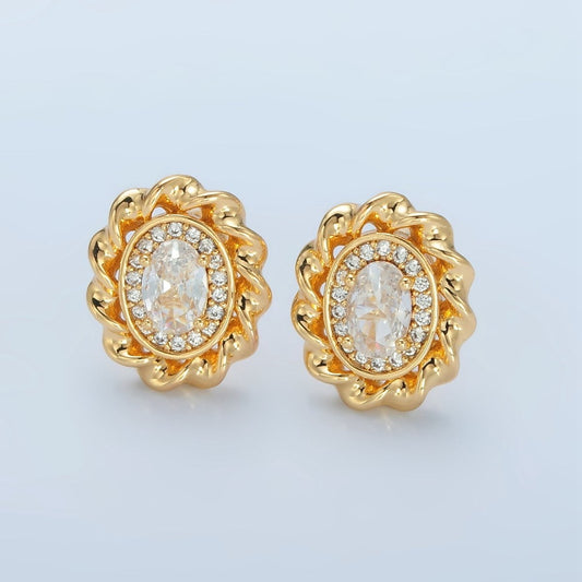 Beautiful 24K Gold Filled Clear CZ Micro Paved Oval Twisted Bezel Stud Earrings