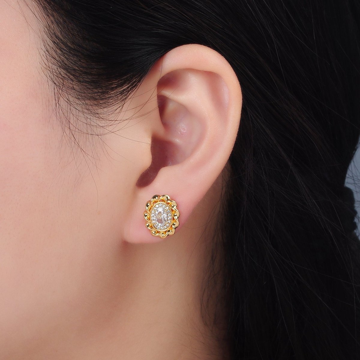 Beautiful 24K Gold Filled Clear CZ Micro Paved Oval Twisted Bezel Stud Earrings