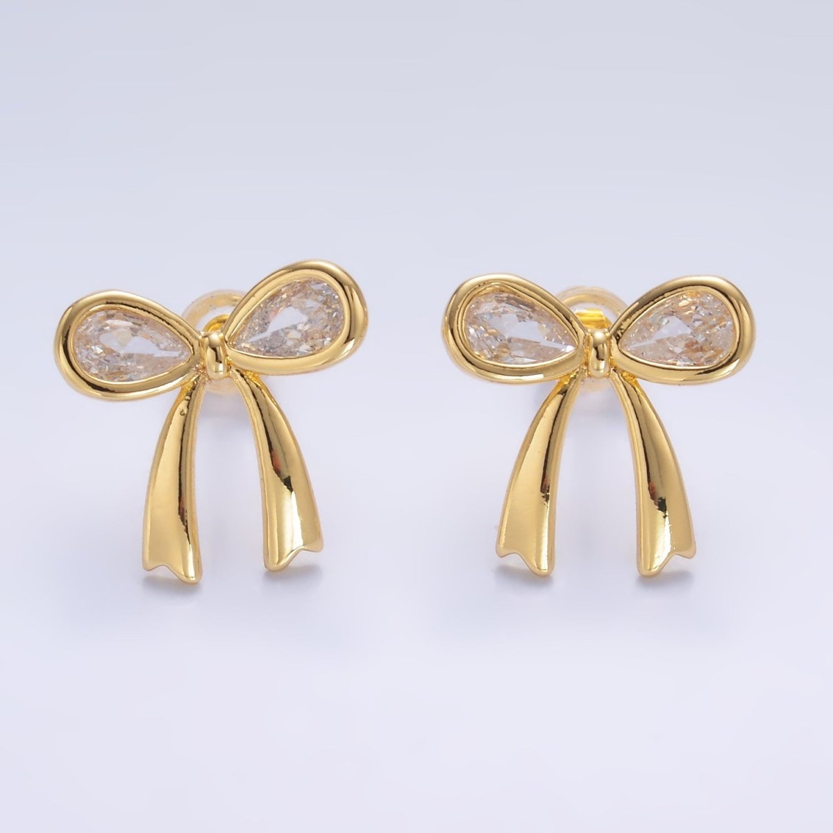 Sweet 24K Gold-Filled Clear CZ Ribbon Bow Stud Earrings